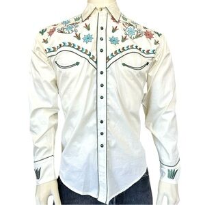 Rockmount Ranch Wear Men’s Ivory Agave Cactus Floral Embroidered Western Shirt S